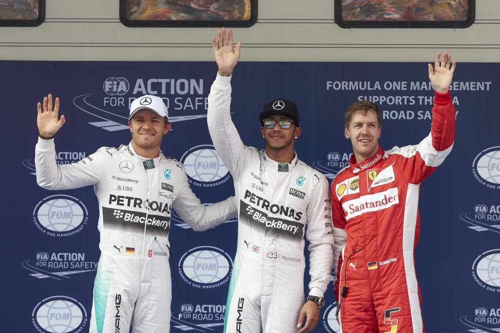 Rosberg, Hamilton und Vettel auf dem Podium in China. Copyright: Mercedes