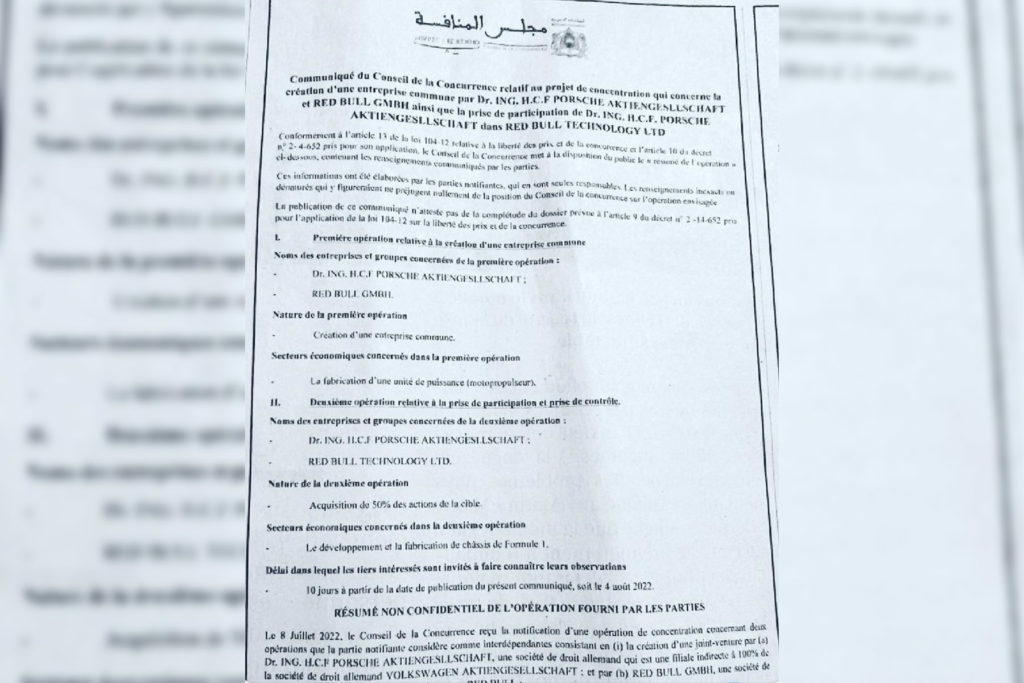 Porsche Red Bull Dokument Kartellbehörden Marokko 2022