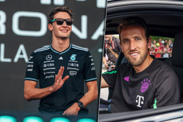George Russell und Harry Kane. Credit: Richard Pardon / Mercedes; Audi AG