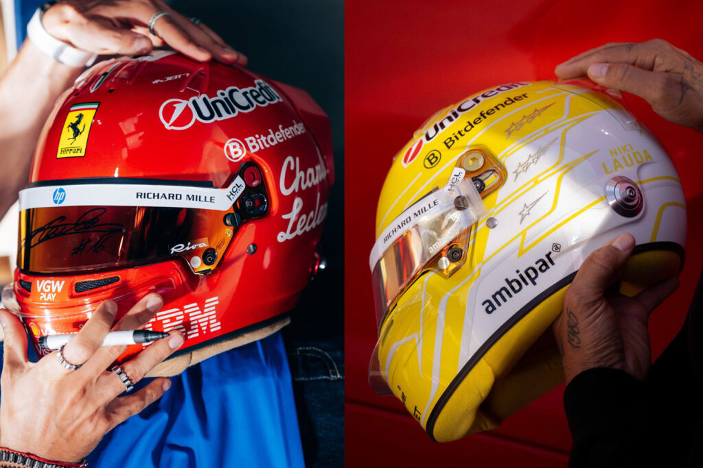 Die Lauda-Helme von Leclerc und Hamilton für Monza 2025, Credit: Ferrari