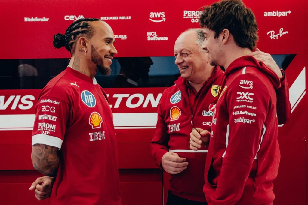 Lewis Hamilton, Fred Vasseur, Charles Leclerc, Credit: Ferrari